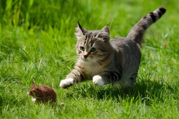 Naklejka na ściany i meble Cat playfully chases a mouse through the lush grass