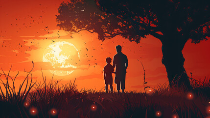 father and son silhouette against the warm hues of the horizon