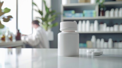 Pill bottle mock up in pharmacy. Background concept - obrazy, fototapety, plakaty