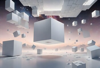 Fototapeta na wymiar Abstract White Cube Amidst Geometric Shapes, Generative AI