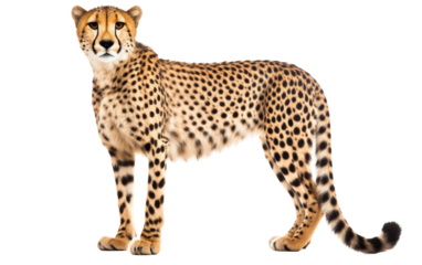 Majestic cheetah poised in a powerful stance against a blank white backdrop