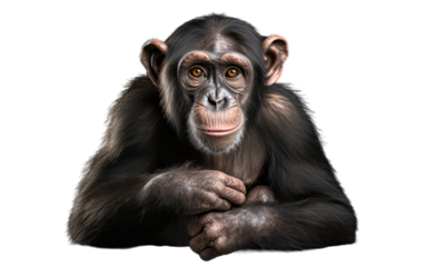 A chimpan sitting peacefully with hands crossed over chest