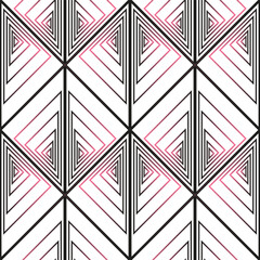 Seamless vector pattern with gradient triangles in black and pink shades, geometric shapes. Suitable for interior, wallpaper, fabrics, clothing, stationery. - obrazy, fototapety, plakaty