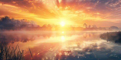 Fototapeta premium Sun Setting Over Lake With Background Trees. Generative AI