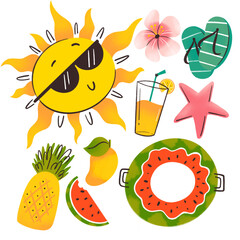 Ilustración de set de íconos de verano con frutas tropicales