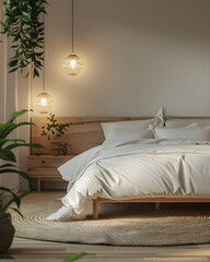 Comfortable bedroom with a bed, nightstand, rug, and plants