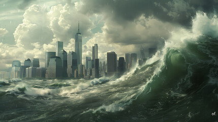 a dramatic scene where powerful waves crash against a cityscape under a cloudy sky.