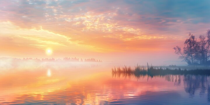 Majestic Sunset Over Calm Lake. Generative AI
