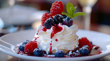  The dessert features a meringue base, which appears crisp and white. It serves as the foundation for the layers above.