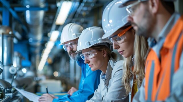 Nuclear engineers discussing project details in industrial facility