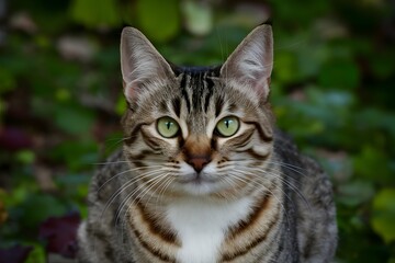 Enigmatic cat captivates with piercing green eyes in outdoor setting
