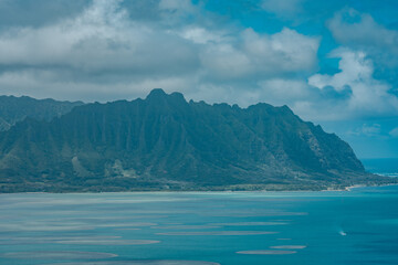 Reef . Kāneohe Bay,  largest sheltered body of water in the main Hawaiian Islands. Pu'u Ma'eli'eli Trail, Honolulu Oahu Hawaii.  Kahaluu. Kualoa