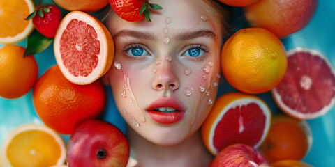 Fototapeta na wymiar Pretty girl face and fruits poster. Delicious and juicy theme background. Positive bright concept wallpaper. Raster bitmap digital photo illustration.
