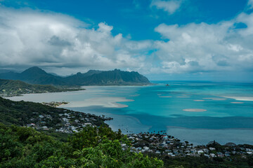 Reef . Kāneohe Bay,  largest sheltered body of water in the main Hawaiian Islands. Pu'u Ma'eli'eli Trail, Honolulu Oahu Hawaii.  Kahaluu. Kualoa