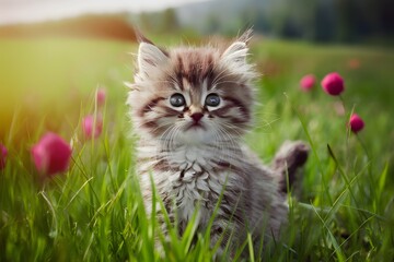Naklejka na ściany i meble Fluffy kitten captivates with innocent stare amidst picturesque meadow