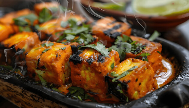 Picture a sizzling platter of paneer tikka with cubes of soft and creamy paneer marinated in a tang Generative AI