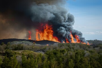 Forest fire ignites, causing environmental damage and emitting black smoke