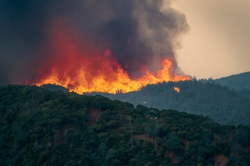 Fototapeta na wymiar Forest fire spreads wildly, engulfing trees in fierce blaze