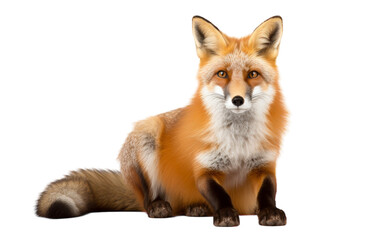 A red fox with eyes wide open sits peacefully on the ground - Powered by Adobe