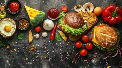 Delicious various food material on dark background. AI generated image