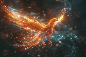 Abstract portrayal of a digital phoenix rising from economic ashes, on a recovery and innovation background, concept for rebirth and innovation in economies. - obrazy, fototapety, plakaty