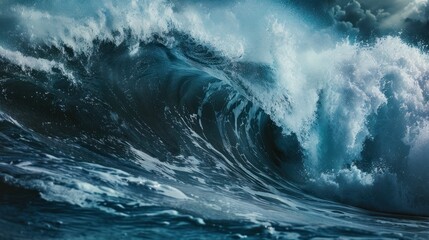 Beautiful view of the blue breaking huge wave of the sea outdoor. AI generated image - obrazy, fototapety, plakaty