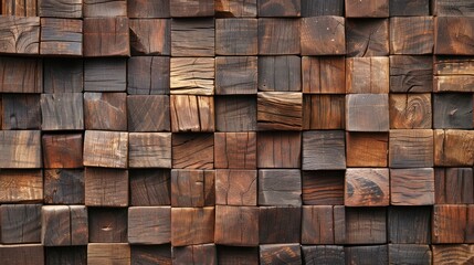 Wooden wall with square blocks stack tiles texture background. AI generated image - obrazy, fototapety, plakaty