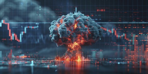 Clean graphic of a mushroom cloud forming from a financial explosion, on a market impact background, concept for sudden impacts in financial markets. - obrazy, fototapety, plakaty