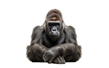 A gorilla sits on the ground with hands crossed - Powered by Adobe