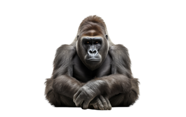 A gorilla sits on the ground with hands crossed
