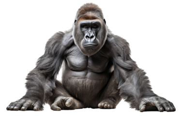 A gorilla sits on the ground with its legs crossed in a serene pose