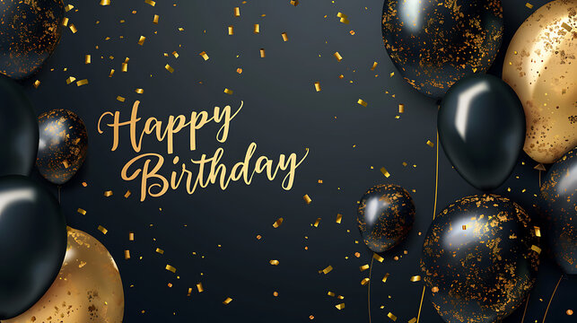 This festive and elegant birthday greeting features shiny balloons and golden text against a dark background. 