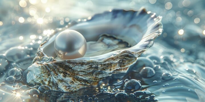 A captivating visual of an oyster unveiling a pearl in a niche market setting, amidst a backdrop of market exploration for unique business prospects.