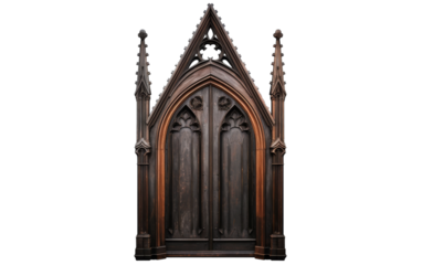 A wooden door with intricate carvings depicting mythical creatures and swirling patterns