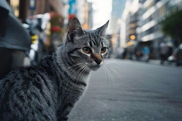 Naklejka na ściany i meble Gray street cat observes surroundings in outdoor urban setting
