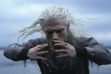 White hair man, into water with serious face by a lake. - obrazy, fototapety, plakaty
