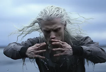 Rollo White hair man, into water with serious face by a lake. © ribelco