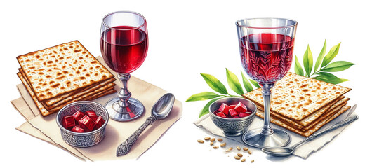 Matzo, wine, menorah for passover celebration on white background with space for text. - 772569269