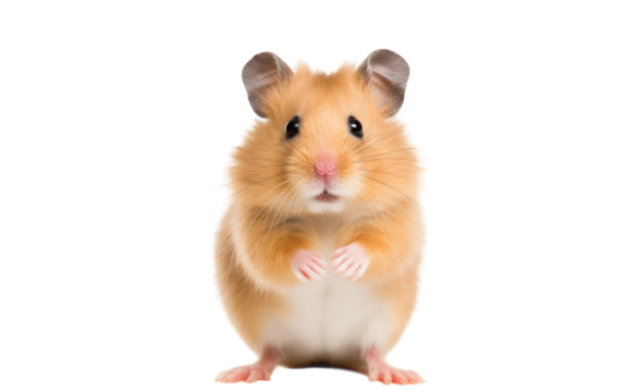 A brown and white hamster stands on its hind legs, mimicking a human miming a shadow puppet