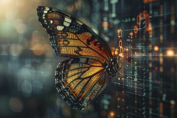 A delicate vision emerges: a butterfly with currency symbols on its wings flutters against an investment growth backdrop, symbolizing financial finesse. - obrazy, fototapety, plakaty