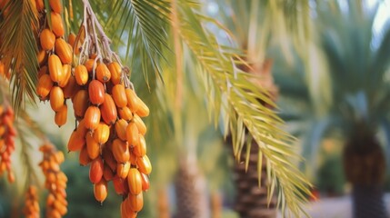 large cluster of ripening dates, mature yellow fruits of a palm tree, close-up - obrazy, fototapety, plakaty