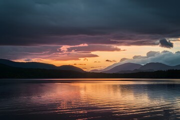 Image Dramatic sunset scene unfolds over lake, shrouded in dark clouds