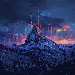 Visualizing financial data on a mountain silhouette symbolizes the quest for enduring stability in long-term market performance. - obrazy, fototapety, plakaty