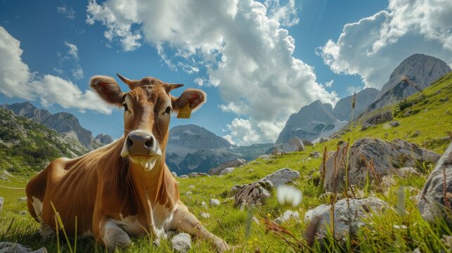 Animal photography cow with natural in the sunny view background . AI generated image