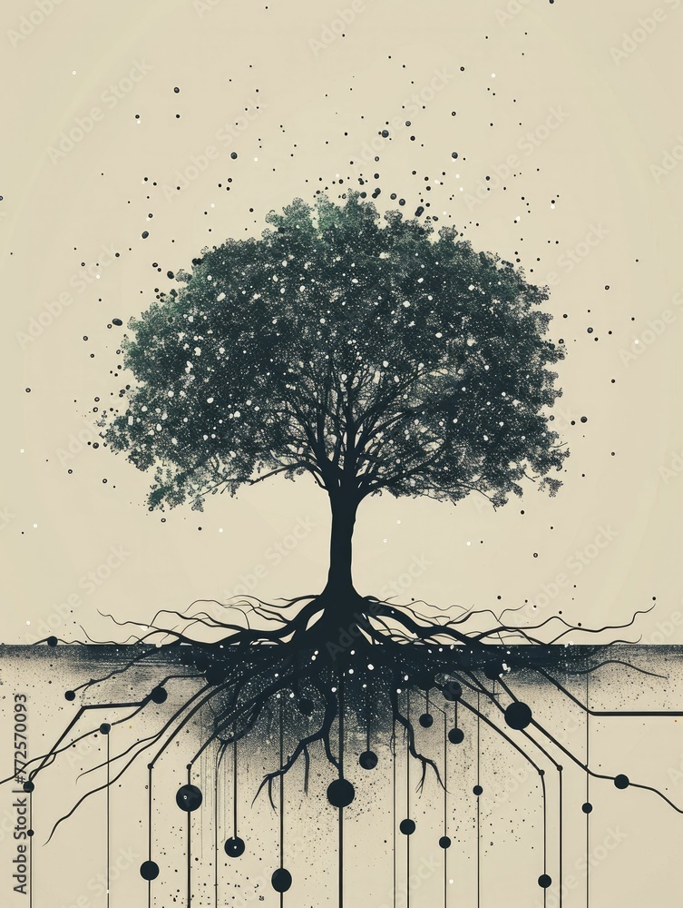 Wall mural sleek drawing of a digital tree with roots in a network pattern, on a network growth background, con