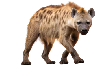 Crédence de cuisine en verre imprimé Hyène A majestic hyena gracefully walking across a stark white background