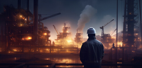 a construction worker stands by an industrial site, watching the lights in the background - obrazy, fototapety, plakaty