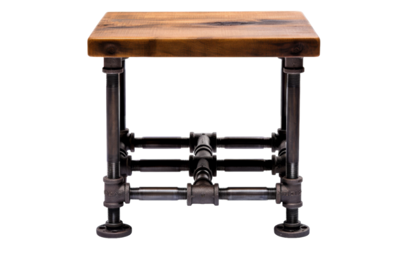 A wooden table adorned with intricate pipes, creating a harmonious blend of materials