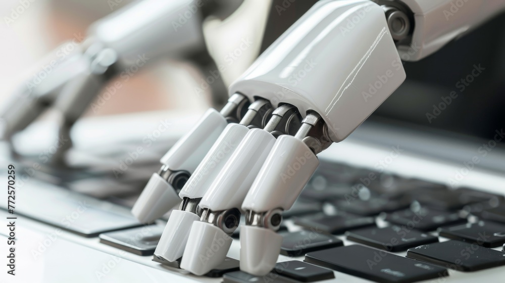 Poster robotic hand typing on laptop keyboard