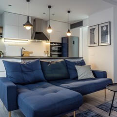 Modern studio apartment interior with navy blue sofa and stylish kitchen